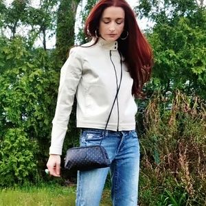 Theory Designer Cream Cropped Cotton Bomber Jacket- Size 6